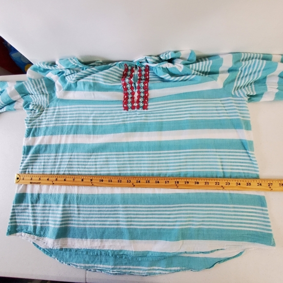 Talbots Woman Beaded Striped Top Size 2X Blue White Cotton Boho Popover Coastal - Picture 7 of 12